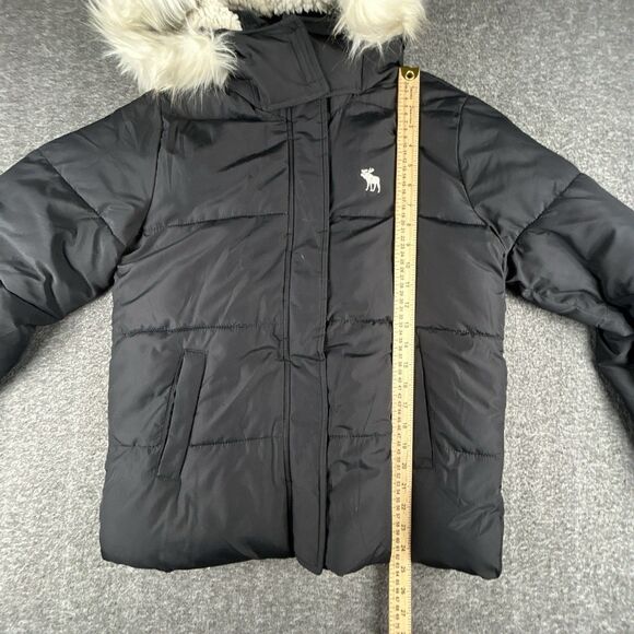 Abercrombie Kids Puffer Jacket 15/16 Black Faux Fur Hood Sherpa Winter Coat - Picture 8 of 9